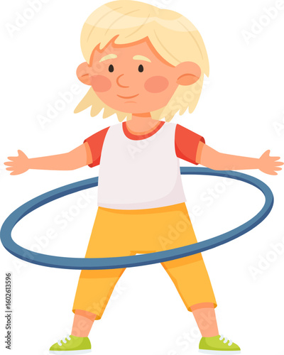 Happy blond child rotating blue hula hoop around waist, exercising and having fun, promoting active lifestyle and physical activity for children