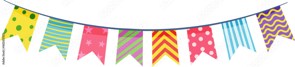 Fototapeta premium Vibrant pennants with various patterns and colors hanging on a string, creating a cheerful and festive atmosphere perfect for celebrations, parties, and joyful occasions