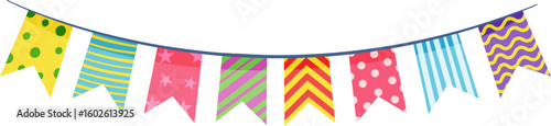 Vibrant pennants with various patterns and colors hanging on a string, creating a cheerful and festive atmosphere perfect for celebrations, parties, and joyful occasions