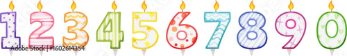 Ten colorful birthday candles representing numbers from zero to nine are burning with a bright flame, creating a festive atmosphere perfect for celebrating any age