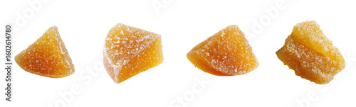 Crystallized ginger candies in close up detail. Sweet treats, confectionery, snack, sugar, candied, dessert, tasty, ginger root.