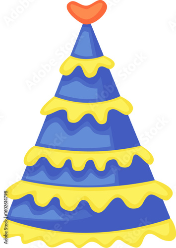 Festive party hat in vibrant blue and yellow with a playful red heart on top, adding a touch of fun and whimsy to birthday parties, celebrations, and festive gatherings