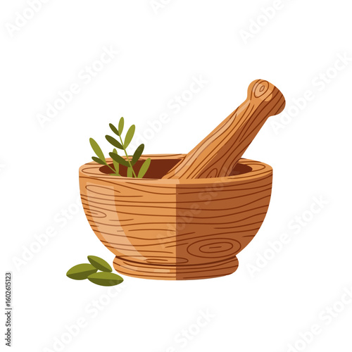 Wooden Mortar and Pestle with Green Herbs for Grinding Illustration