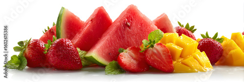 Fresh slices of watermelon, strawberries, and mango scattered artistically, vibrant and juicy,  isolated on white background.