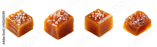 Salted caramel candies isolated. Sweet dessert, delicious treat, homemade confection, sugar