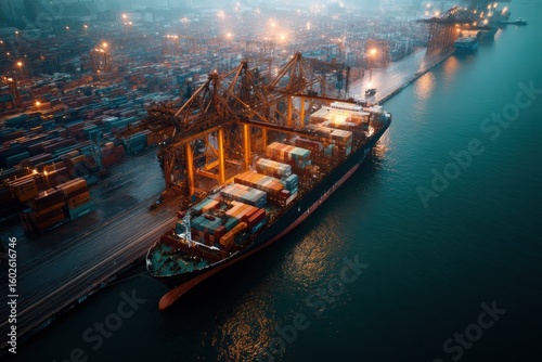 Aerial view of large container ship stuck at congested port, cranes idle, twilight lighting.