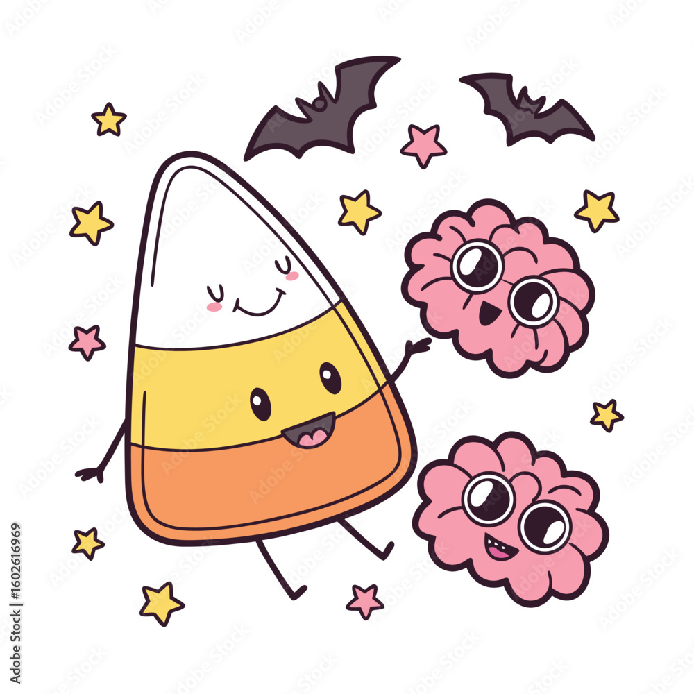 Fototapeta premium Cartoon halloween illustration with candy corn brains bats and stars