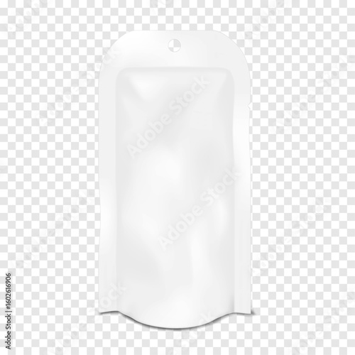 White blank tear notch bottom gusseted sachet packet with hanging round hole. Realistic 3d vector mockup. Stand-up pouch. Mock-up. Standup plastic bag packaging. Template for design
