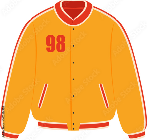Sporting a stylish yellow letterman jacket adorned with vibrant red details and the number 98, perfect for celebrating victories and showcasing team spirit at any event