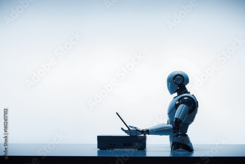 Futuristic Robot Working on Computer
