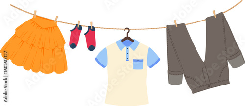 Clothesline with hanging clothes drying after washing, including trousers, skirt, socks and polo shirt, isolated vector illustration on white background