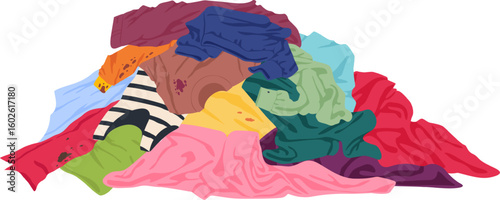 Large pile of dirty clothes, stained and unwashed, creating a colorful mountain of laundry, representing the ongoing challenges of housework and daily chores in domestic life