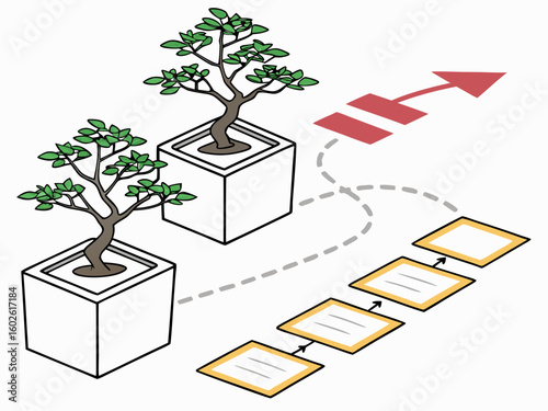 Workflow path shown using layered paper cutout shapes, scattered mini bonsai trees and greenery in stylish planters placed thoughtfully along the path svg

