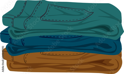 Three pairs of folded jeans stacked neatly on a white background, highlighting a variety of colors and intricate stitching details, perfect for casual fashion and stylish wardrobes