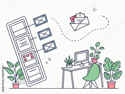 Futuristic UI-style onboarding flow with floating geometric shapes, surrounded by soft-focus potted ivy and desk plants, white background with light gradient.svg

