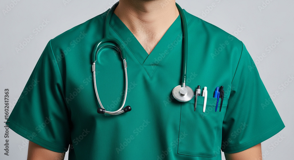 Confidently smiling, a professional female doctor in scrubs wears a stethoscope, embodying dedicated medical care at the hospital Confidently smiling, a professional female doctor in scrubs wears a stethoscope, embodying dedicated medical care at the hospital