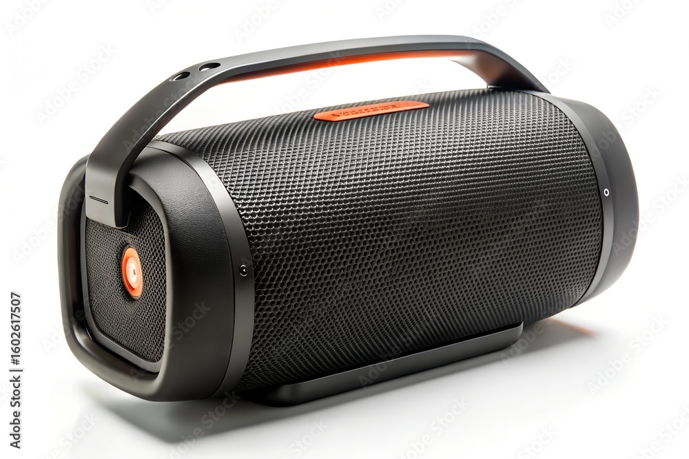 Naklejka premium Modern Portable Bluetooth Speakers on White Background – Stylish Wireless Audio Devices with LED Lights & Retro Designs