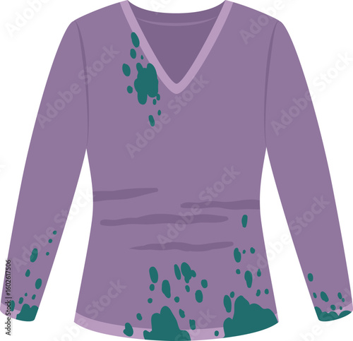 Long sleeved purple sweater featuring green stains and noticeable wear marks, representing themes of laundry, dirt, messiness, cleaning, and garment care in everyday life