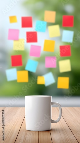 A white coffee mug sits on a wooden surface with colorful sticky notes blurred in the background.