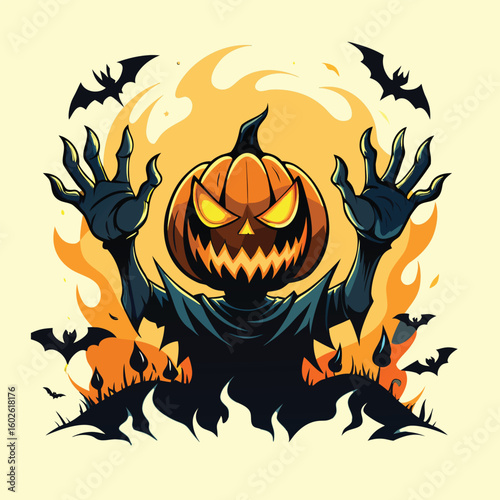 Cartoon halloween pumpkin monster with bats and orange flame background