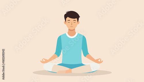 Serene young man with dark hair and closed eyes meditating in a cross-legged yoga pose.