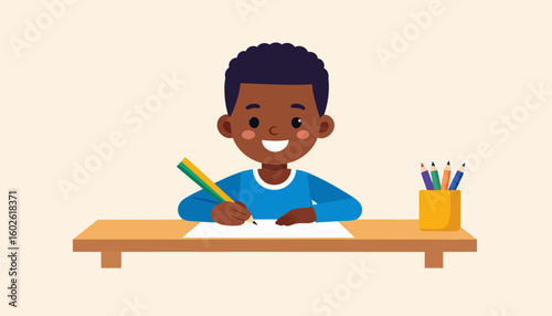 Happy cartoon boy with dark skin and black hair drawing at a desk, holding a striped pencil and smiling.