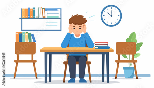 Stressed cartoon student with brown hair holding his head in despair while studying at a desk.