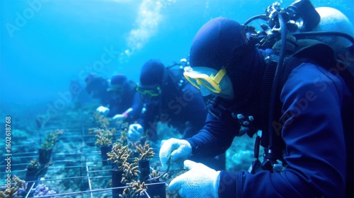 Fototapeta Naklejka Na Ścianę i Meble -  Divers engaged in coral restoration efforts underwater, nurturing marine life in a vibrant reef
