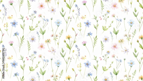 Delicate watercolor floral pattern featuring an array of wildflowers in pastel hues scattered across a white background.
