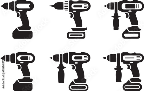 Electric power drill machine isolated on white background. Hand drill tool silhouette vector Illustration. Drill icon set