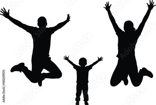 Happy family jumping in joy, silhouette of parents and child, energetic bonding moment, outdoor celebration, unity, black and white art