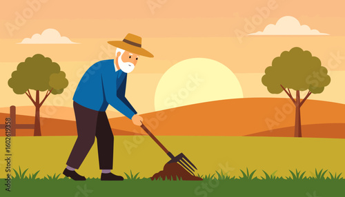Elderly farmer with a white beard and straw hat tilling soil with a pitchfork.