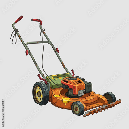 Cartoon Lawnmower Illustrating Wear and Tear for Equipment Maintenance Needs