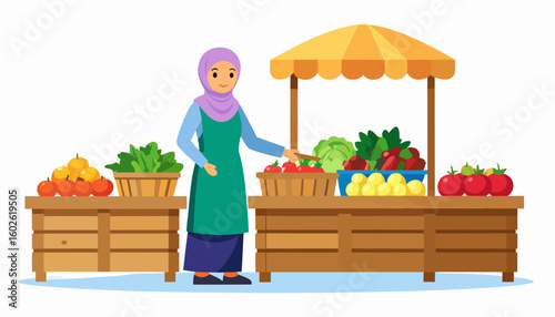 Smiling Muslim woman in a hijab and apron selling fresh produce at a farmers market stall.