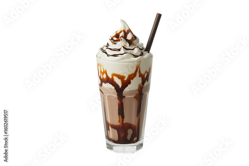 Tall chocolate milkshake with whipped cream isolated on transparent background