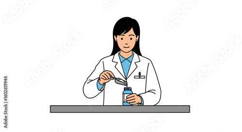 Illustration of a female pharmacist in a white lab coat dispensing pills from a bottle with a spoon at a pharmacy counter