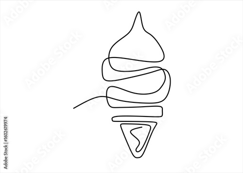 Ice cream in waffle cone in one continuous line drawing. Symbol dessert gelato for menu and business card design in simple linear style. Editable stroke.