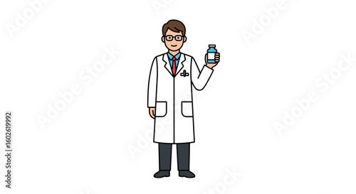 Male doctor or scientist in a white lab coat holding a bottle of medicine or vaccine. Healthcare and medical research concept illustration.