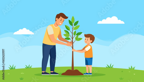 A smiling father and his young son in casual clothes planting a green sapling together.