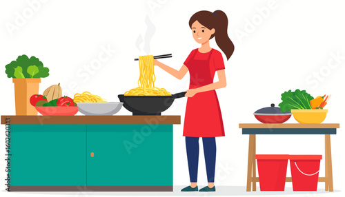 A smiling woman in a red apron lifts steaming yellow noodles from a black wok with chopsticks.