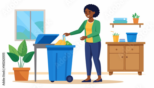 Smiling African American woman in a green cardigan throwing trash into a blue recycling bin.