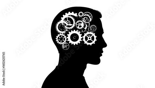 Silhouette of a head with gears, conveying complex thought processes
