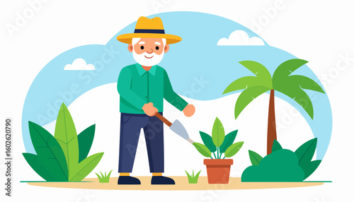 Cheerful elderly man with a white beard and yellow hat gardening with a small trowel.