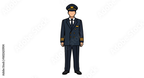 Professional airline pilot character in a full uniform. An aviator illustration representing aviation and travel concepts.