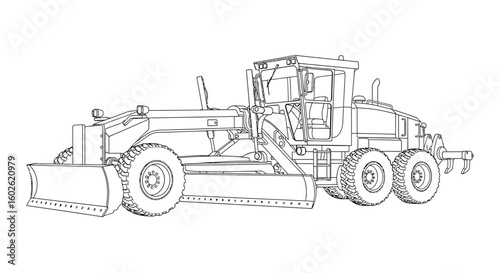 Detailed engineering illustration of an industrial motor grader. Technical line art drawing of heavy machinery for construction and earthmoving projects.