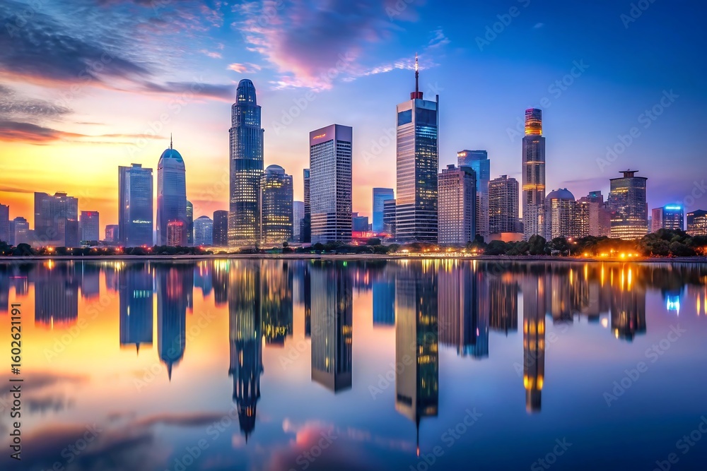 Fototapeta premium City Skyline at Sunrise Reflected in Water