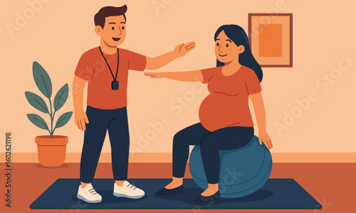 Flat vector illustration of a pregnant woman doing exercise with a fitness trainer at home.