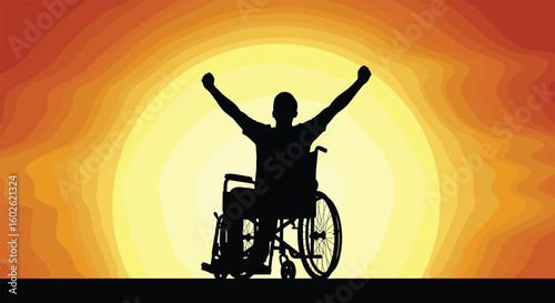 Silhouette of person in wheelchair raising arms triumphantly, vibrant sunset, disability empowerment, victory expression, resilience, motivational concept, freedom