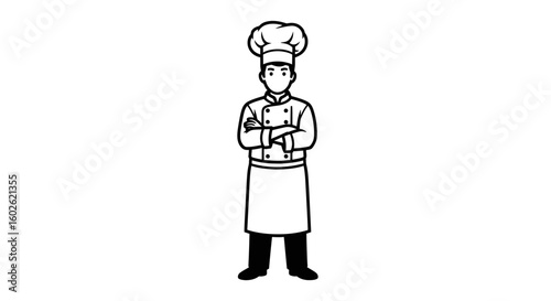 Professional chef in a traditional uniform and toque standing with arms crossed. Black and white line art vector illustration for the culinary industry.