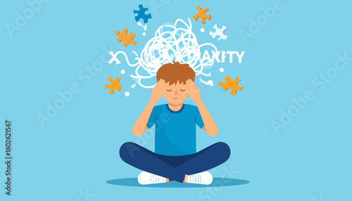 Anxious young boy sits cross-legged, holding his head, overwhelmed by tangled thoughts and confusing puzzle pieces.